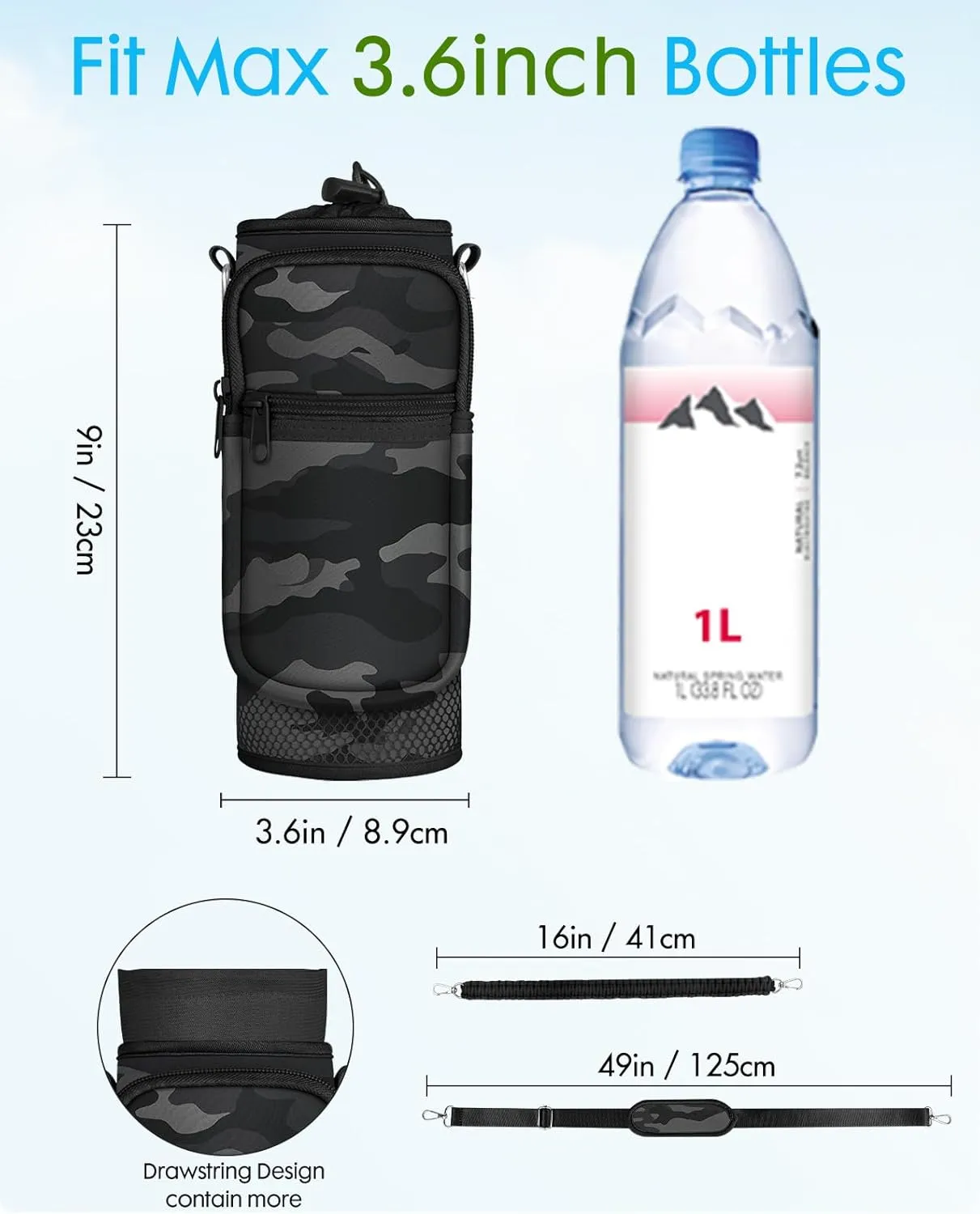 Under 32 oz Water Bottle Holder Bag with Strap - Crossbody & Woven Handle Sling for Carrier Walking with Phone Pocket