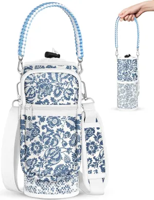 Under 32 oz Water Bottle Holder Bag with Strap - Crossbody & Woven Handle Sling for Carrier Walking with Phone Pocket