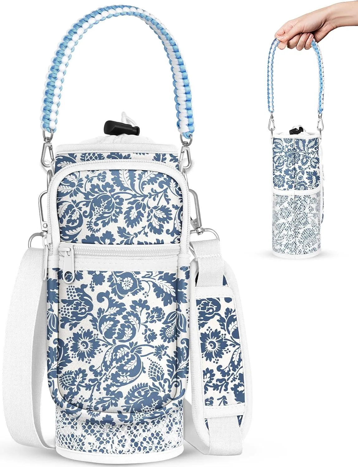 Under 32 oz Water Bottle Holder Bag with Strap - Crossbody & Woven Handle Sling for Carrier Walking with Phone Pocket