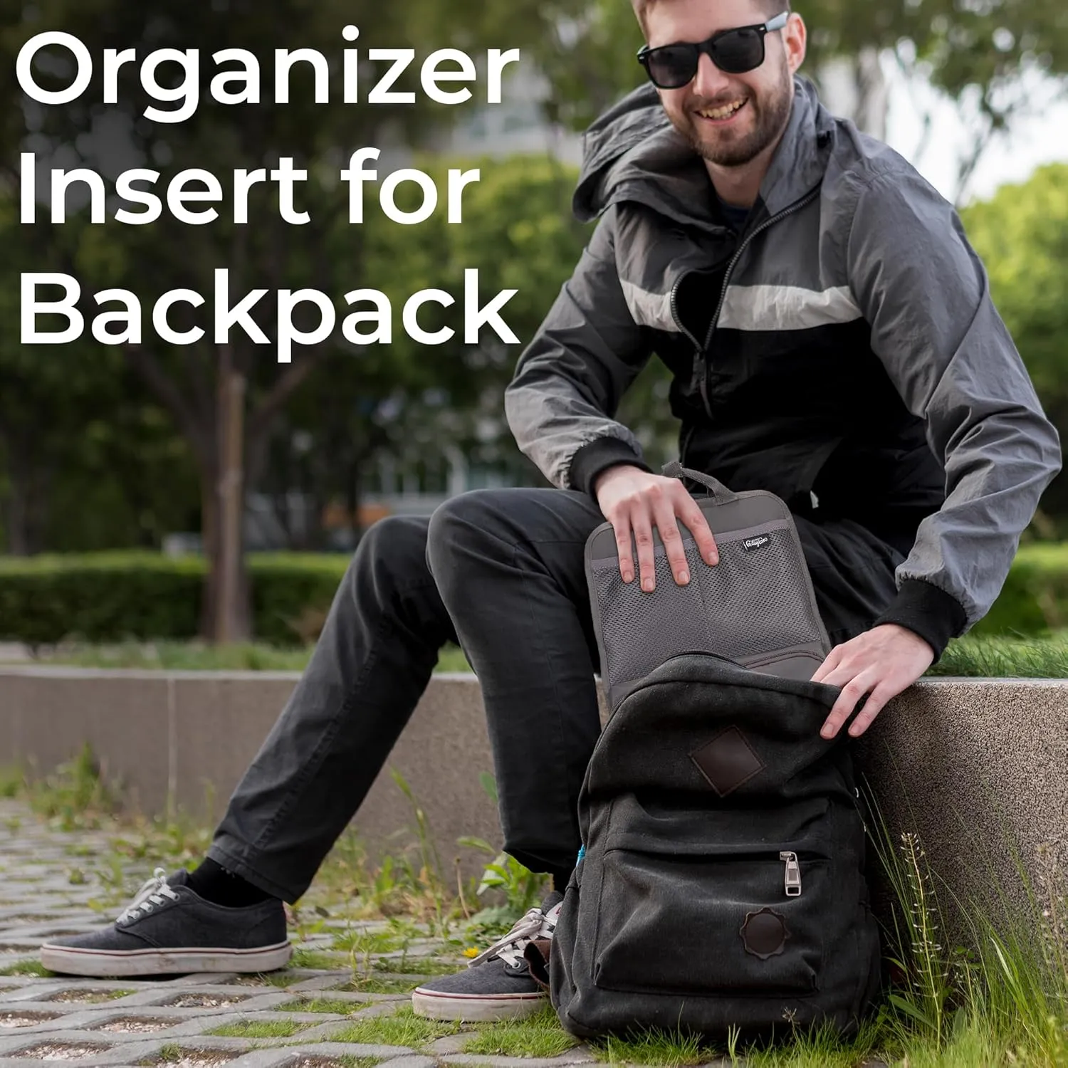 Unisex Foldable Vertical Backpack Organizer Insert for Tote Bag, Carry On, Picnic, Camping - 10 Pockets & Handle