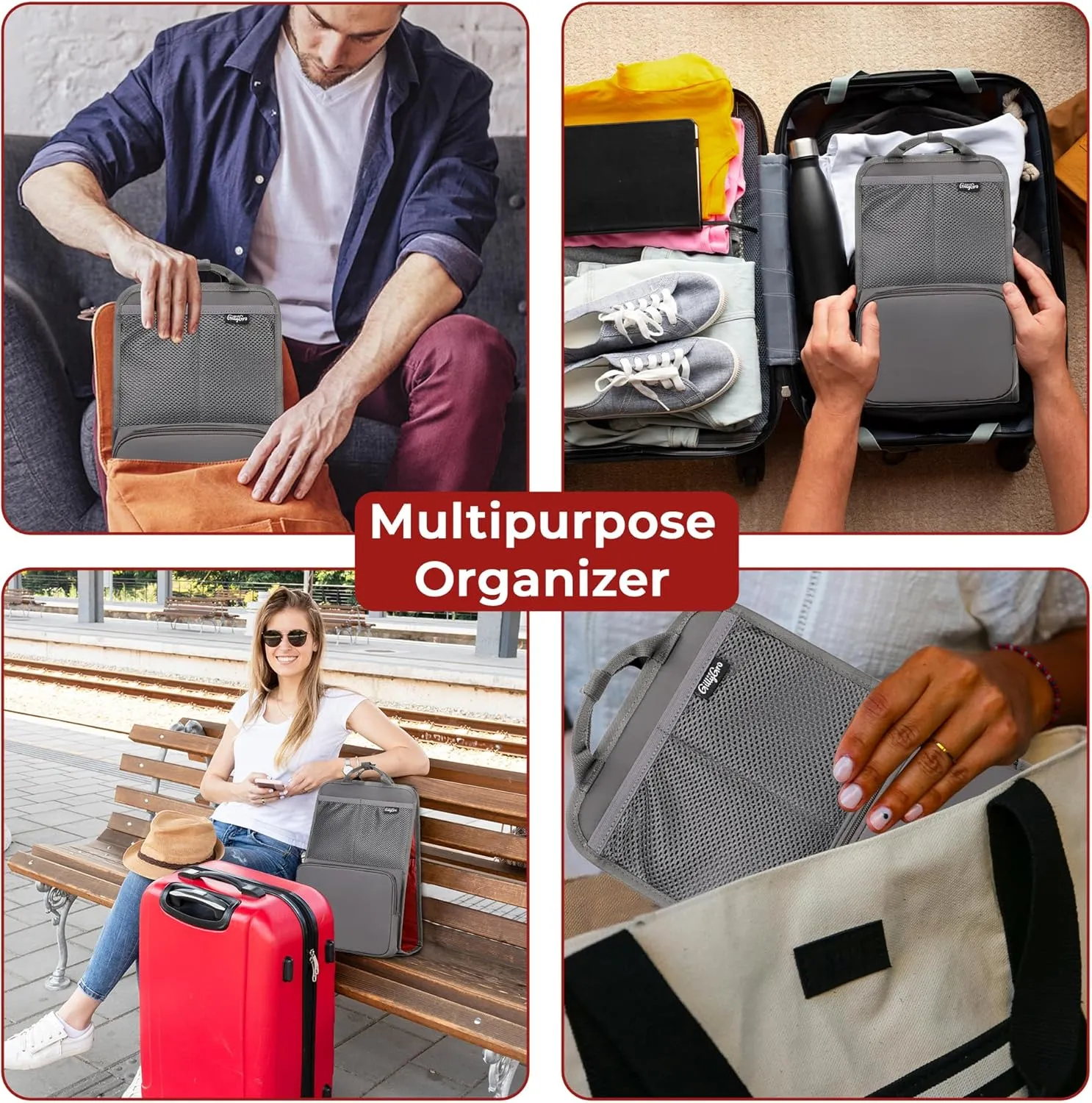Unisex Foldable Vertical Backpack Organizer Insert for Tote Bag, Carry On, Picnic, Camping - 10 Pockets & Handle