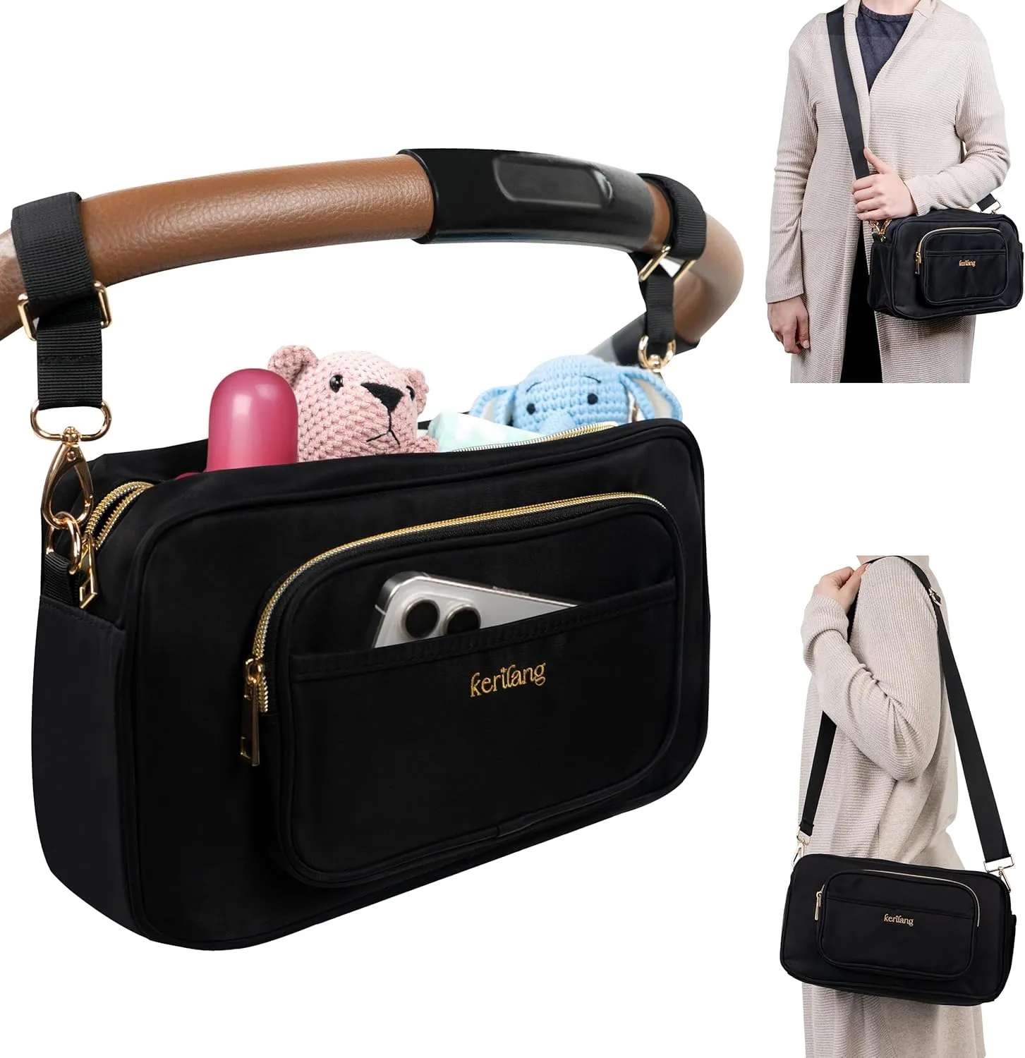 Universal Stroller Caddy with Cup Holder, Wipes Pocket, Small Diaper Bag, Waterproof Baby Travel Bag & Parent Sling Stroller Organizer