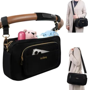 Universal Stroller Caddy with Cup Holder, Wipes Pocket, Small Diaper Bag, Waterproof Baby Travel Bag & Parent Sling Stroller Organizer