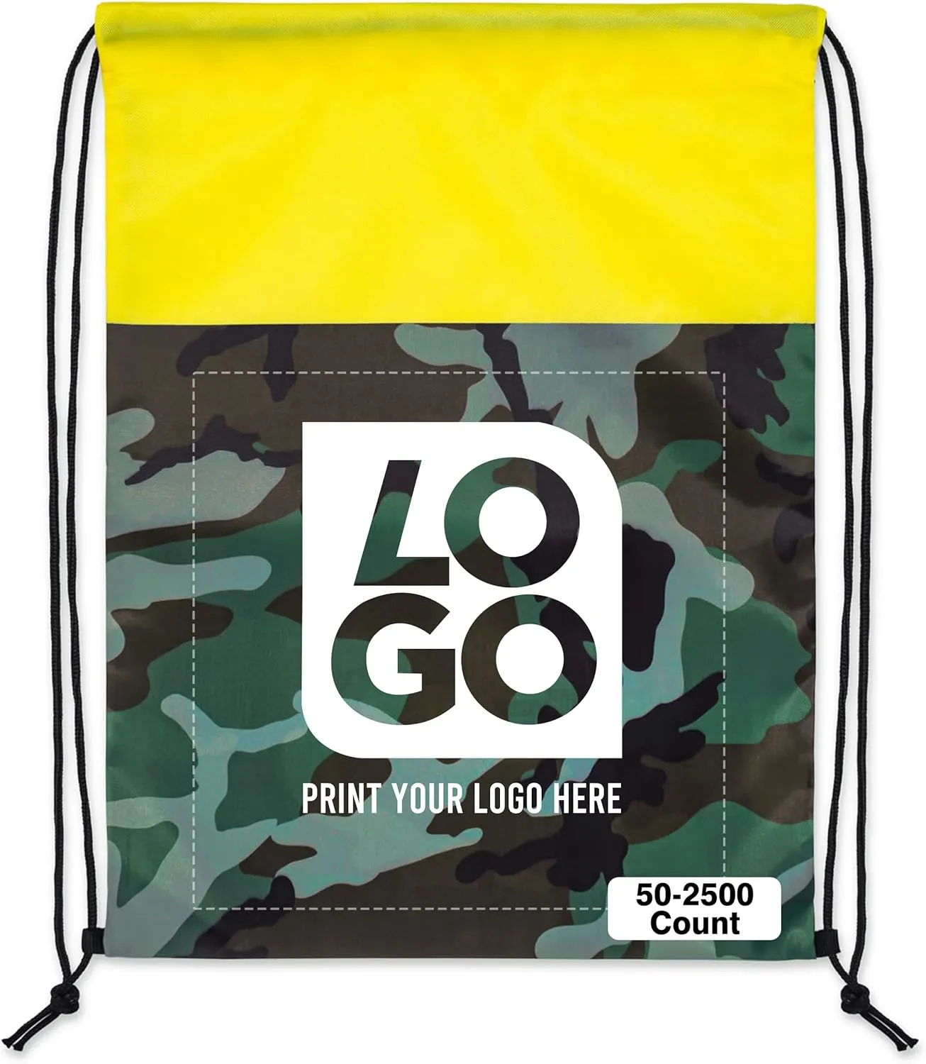 USMG 50 CT. One Color Print Custom Colored Camo Drawstring Backpack Tote Bags, Workout Bag String Bag For Promotional Gifts (Camo - Yellow)