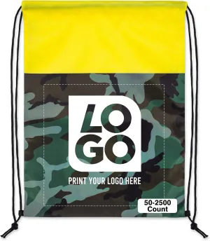 USMG 50 CT. One Color Print Custom Colored Camo Drawstring Backpack Tote Bags, Workout Bag String Bag For Promotional Gifts (Camo - Yellow)