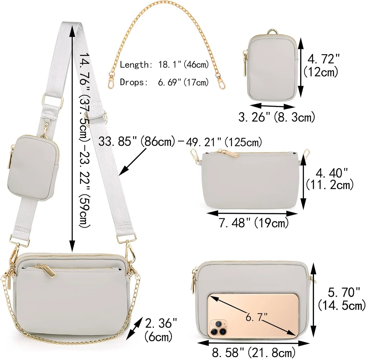 UTO Small Crossbody Bags for Women 3 in 1 Trendy Belt Purse Fashion Designer Mini Cute Sling Fanny Chest Pack