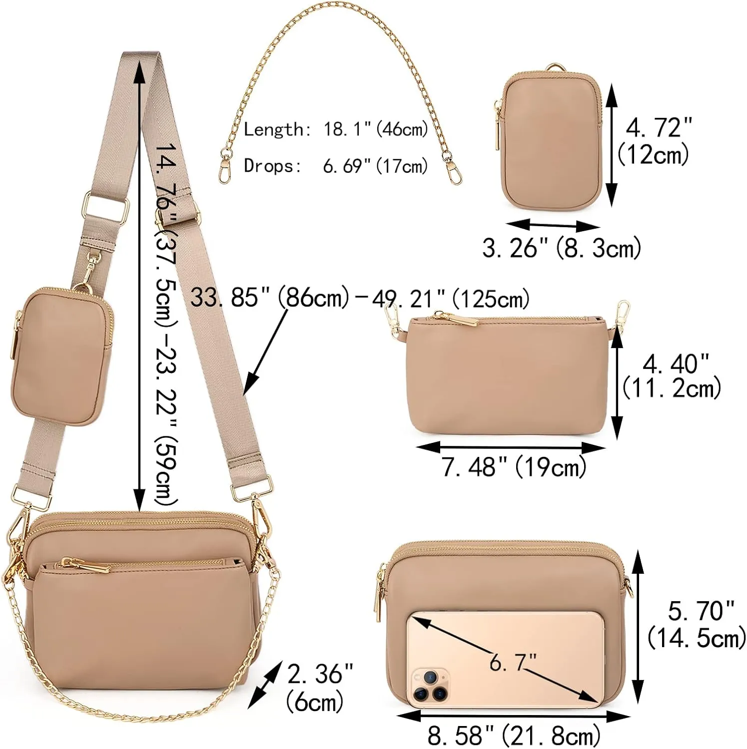 UTO Small Crossbody Bags for Women 3 in 1 Trendy Belt Purse Fashion Designer Mini Cute Sling Fanny Chest Pack