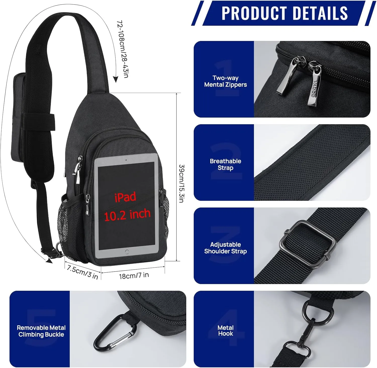 VADOO Sling Backpack with RFID Blocking and Phone Holder on Strap for Men Women Crossbody Chest Bag for Travel Hiking