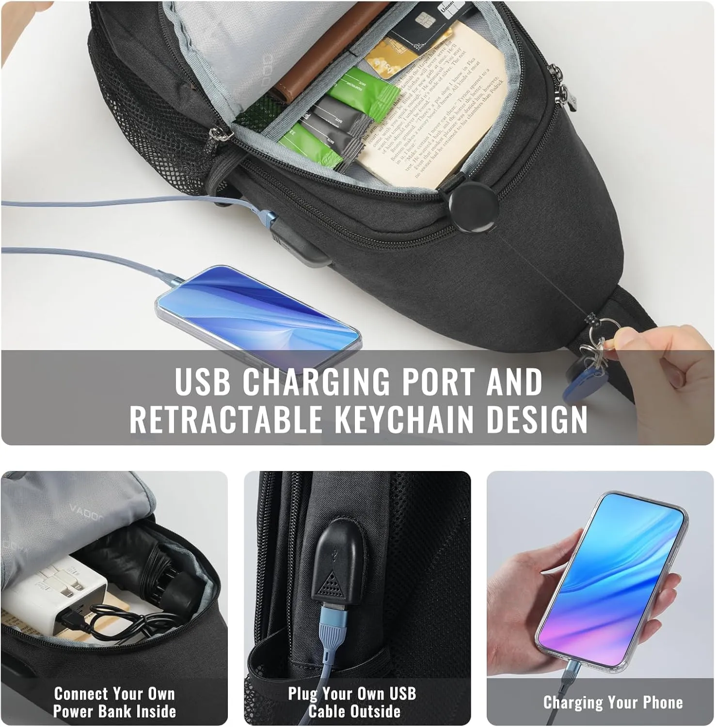VADOO Sling Backpack with RFID Blocking and Phone Holder on Strap for Men Women Crossbody Chest Bag for Travel Hiking