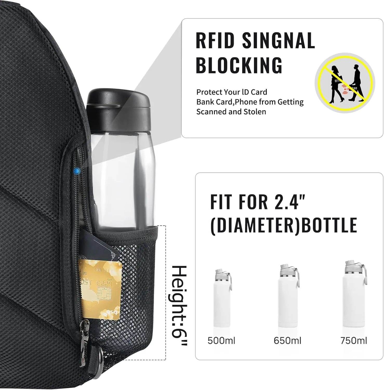 VADOO Sling Backpack with RFID Blocking and Phone Holder on Strap for Men Women Crossbody Chest Bag for Travel Hiking