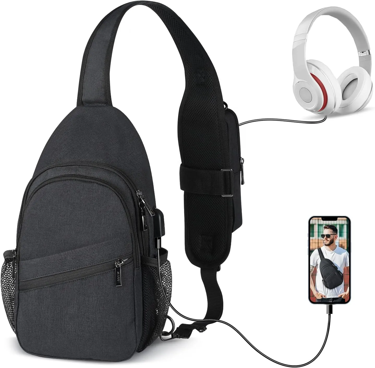 VADOO Sling Backpack with RFID Blocking and Phone Holder on Strap for Men Women Crossbody Chest Bag for Travel Hiking