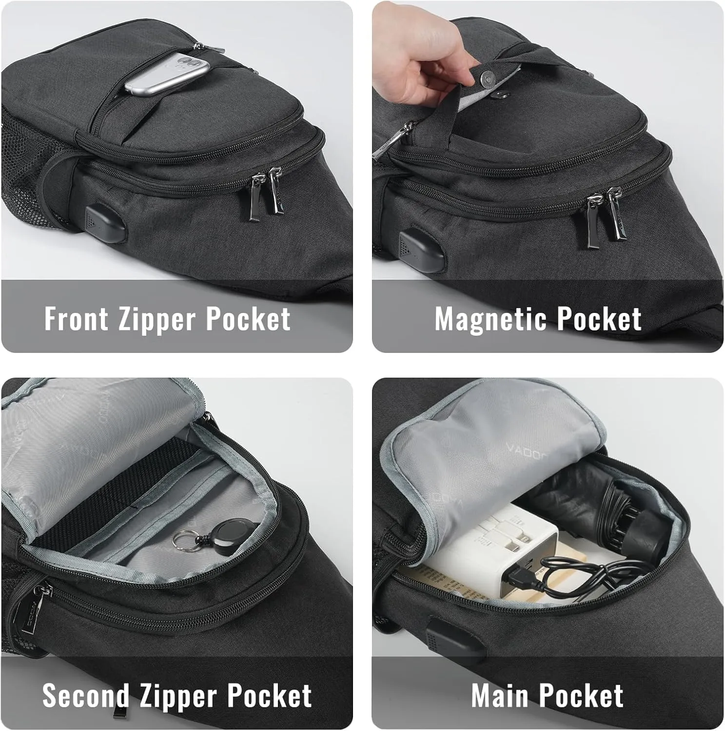 VADOO Sling Backpack with RFID Blocking and Phone Holder on Strap for Men Women Crossbody Chest Bag for Travel Hiking