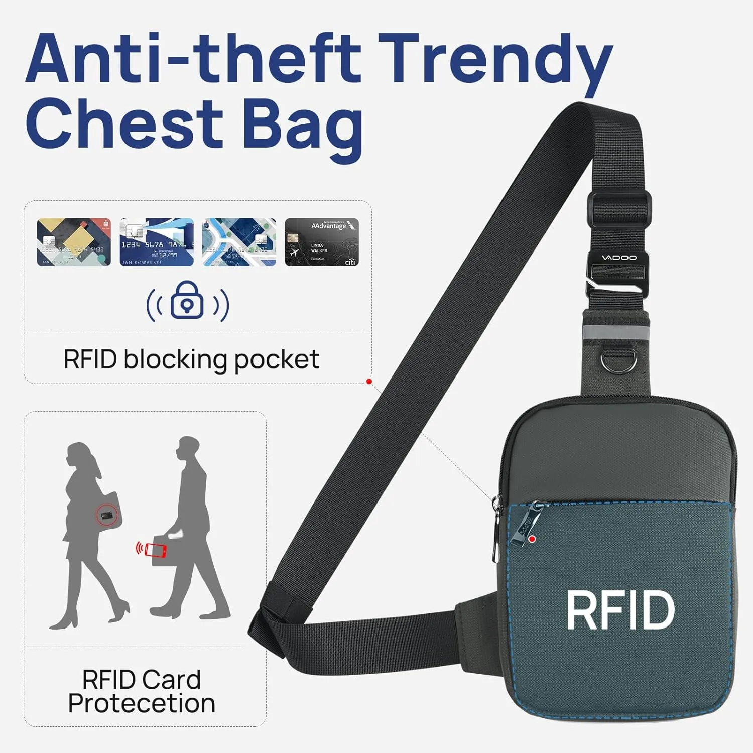VADOO Sling Bag, Small Crossbody Bag with RFID Blocking for Women and Men, Lightweight Chest Phone Mini Bag for Travel Casual
