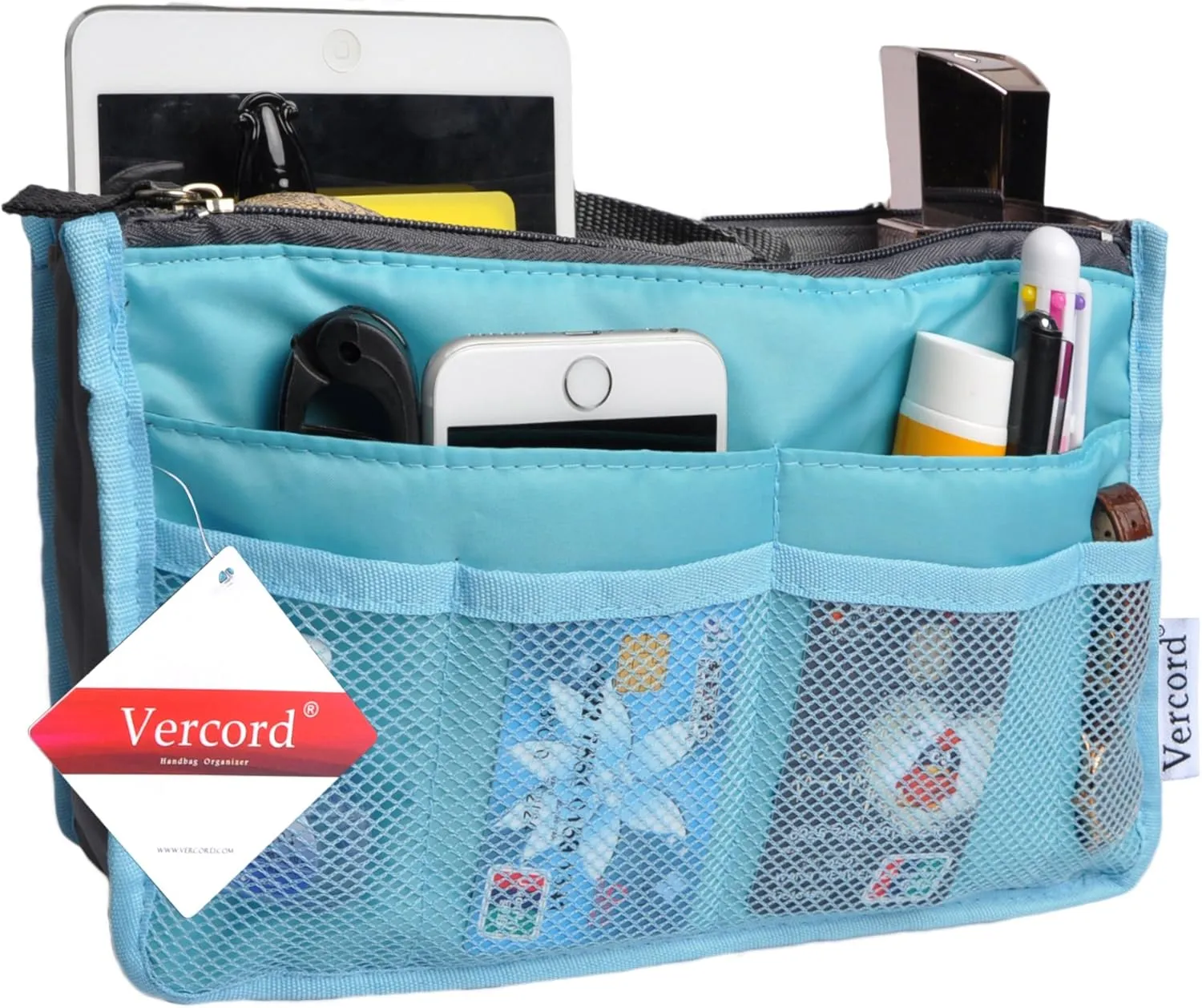 Vercord Purse Organizer Insert for Handbags Bag Organizers Inside Tote Pocketbook Women Nurse Nylon 13 Pockets Blue Large
