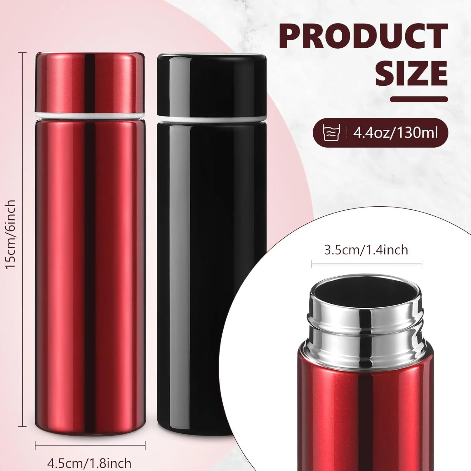Vesici Mini Water Bottles 4.4 oz Cute Small Insulated Stainless Steel Purse Water Bottles Pocket Slim Flask Keeps Drink Cold and Hot for Women Lunch Bag Coffee(Black, Red,2 Pack)