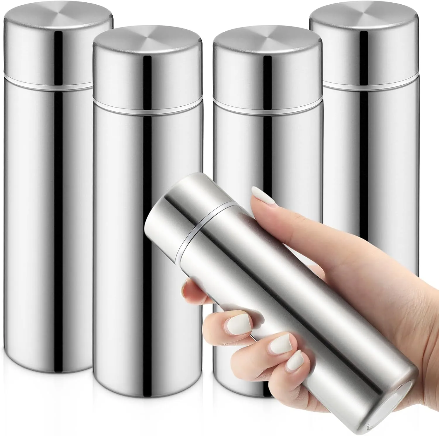 Vesici Mini Water Bottles 4.4 oz Cute Small Insulated Stainless Steel Purse Water Bottles Pocket Slim Flask Keeps Drink Cold and Hot for Women Lunch Bag Coffee(Silver,4 Pack)