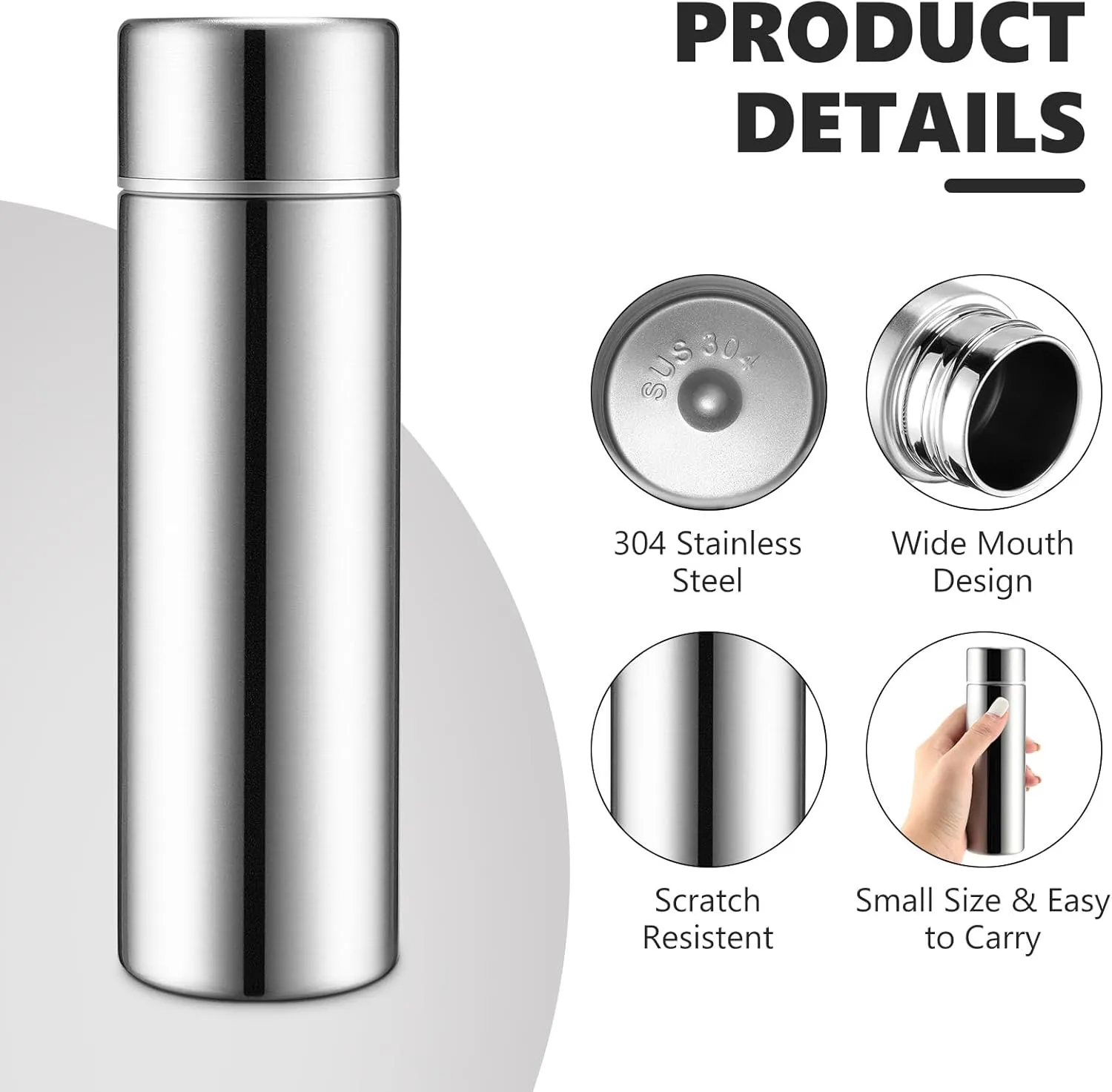 Vesici Mini Water Bottles 4.4 oz Cute Small Insulated Stainless Steel Purse Water Bottles Pocket Slim Flask Keeps Drink Cold and Hot for Women Lunch Bag Coffee(Silver,4 Pack)