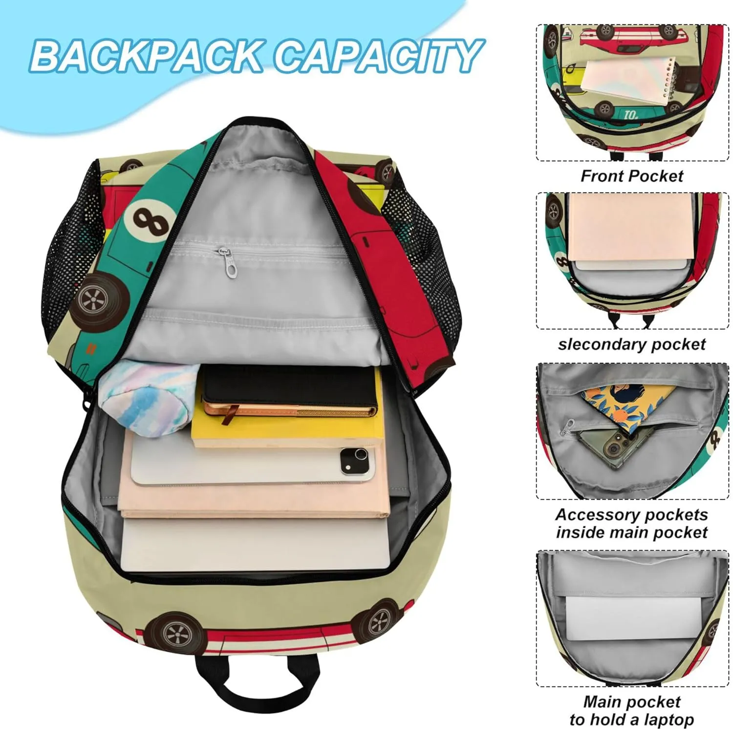 Vintage Car Racecar Backpack with Lunch Bag, School Backpack for Teens Boys Girls Kids Backpacks Set
