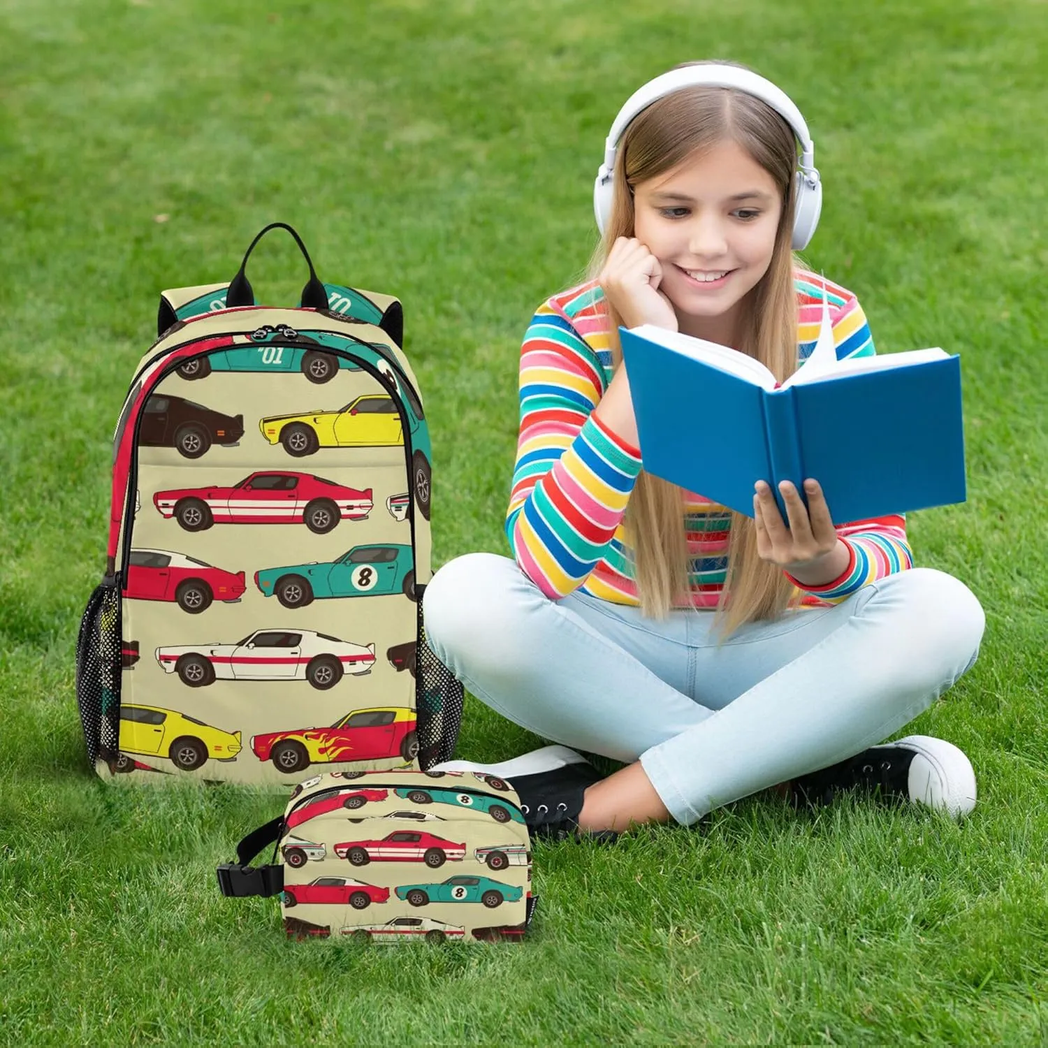 Vintage Car Racecar Backpack with Lunch Bag, School Backpack for Teens Boys Girls Kids Backpacks Set