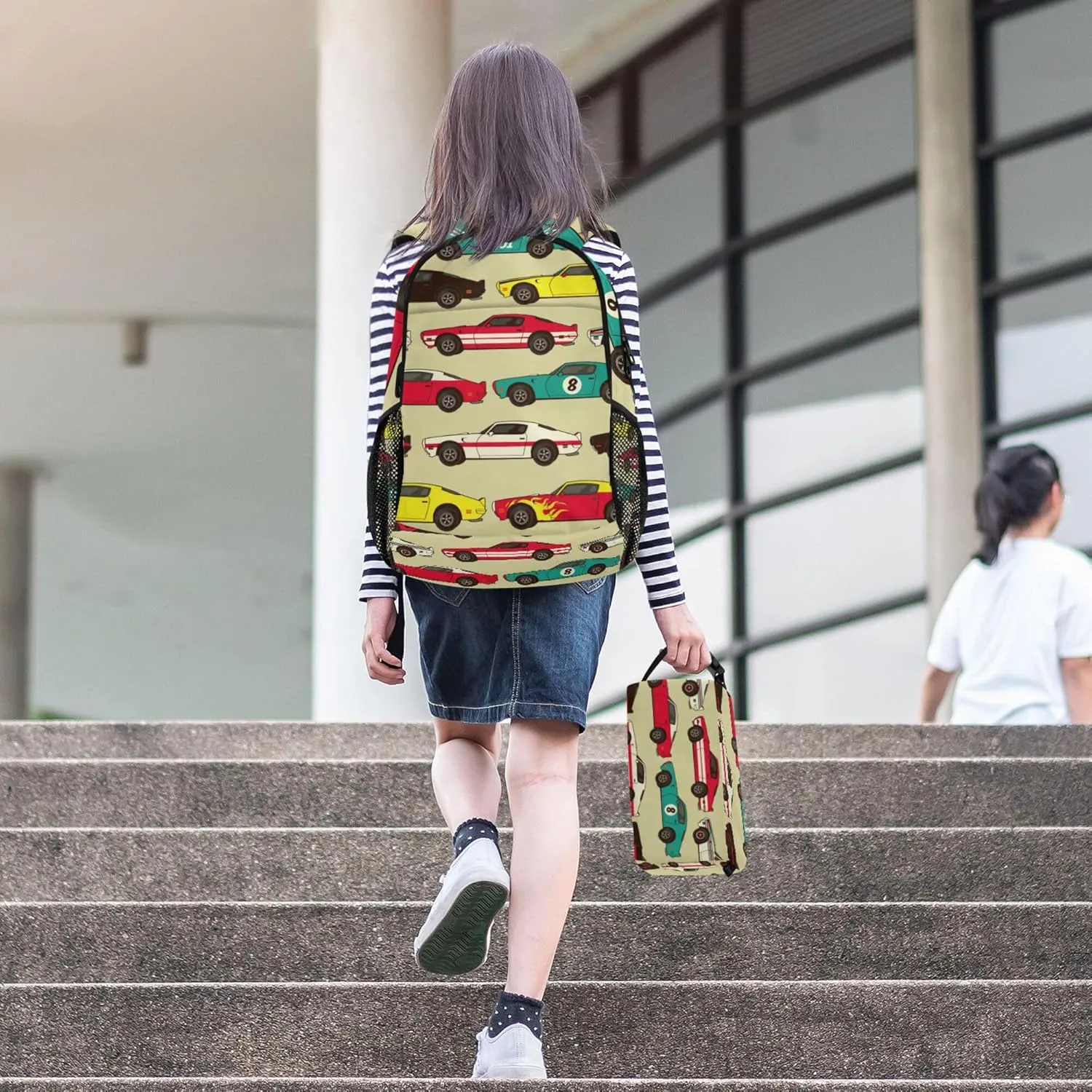 Vintage Car Racecar Backpack with Lunch Bag, School Backpack for Teens Boys Girls Kids Backpacks Set