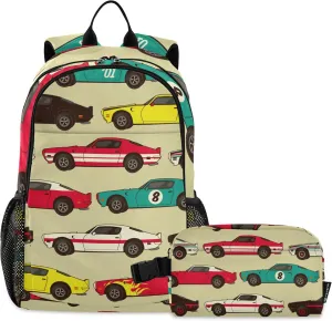 Vintage Car Racecar Backpack with Lunch Bag, School Backpack for Teens Boys Girls Kids Backpacks Set
