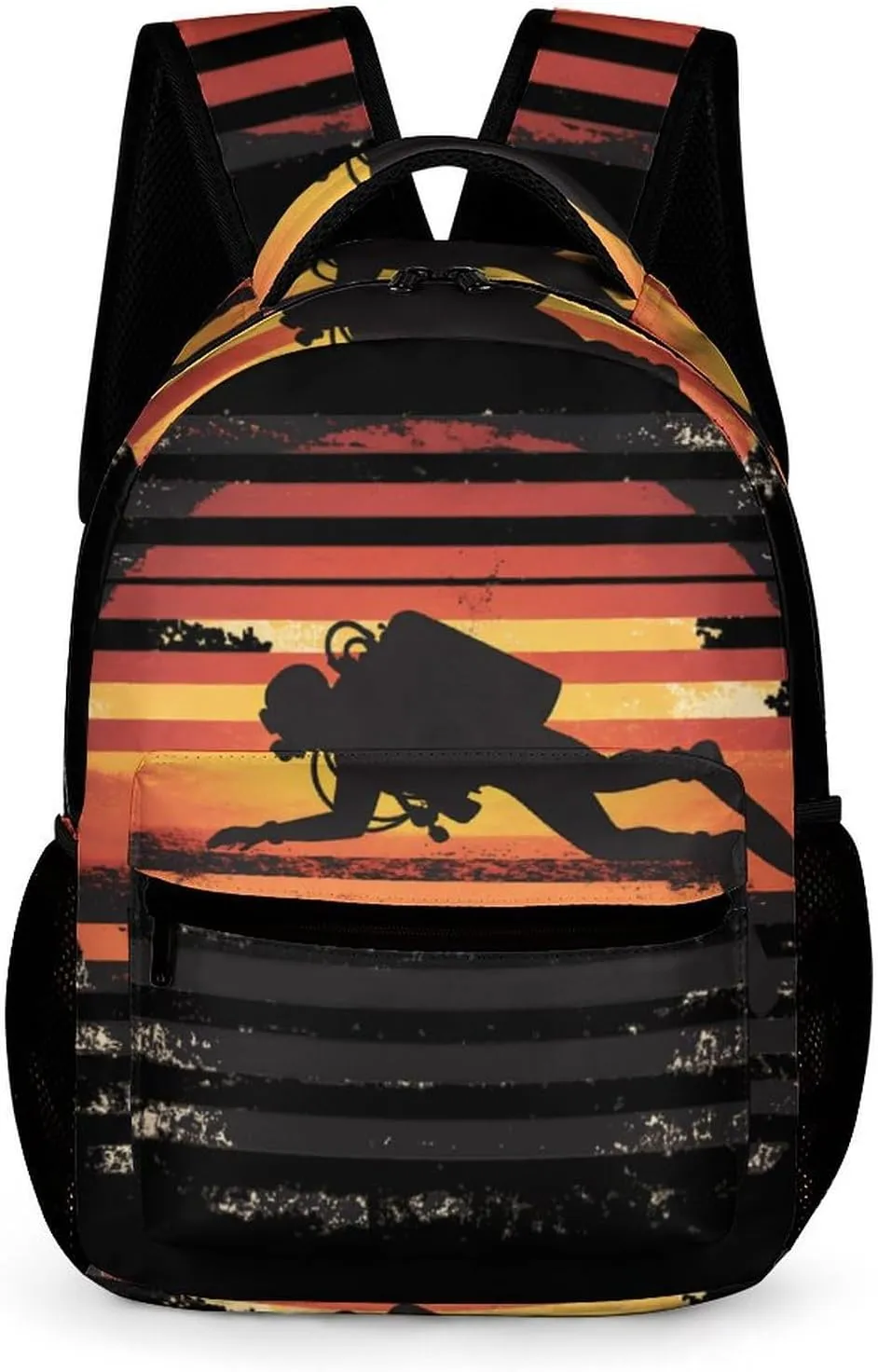 Vintage Diver Diving On Sunset Cute Backpack Travel Work Bag with Water Bottle Pocket Adjustable Padded Shoulder Straps Daypack