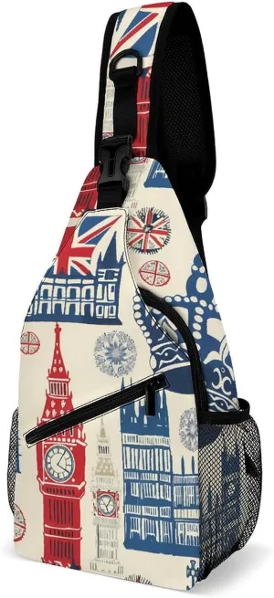 Vintage England London Big Ben Red Blue Crown Sling Backpack Crossbody Chest Bag Print Shoulder Bag Travel Daypack for Sports Running Hiking