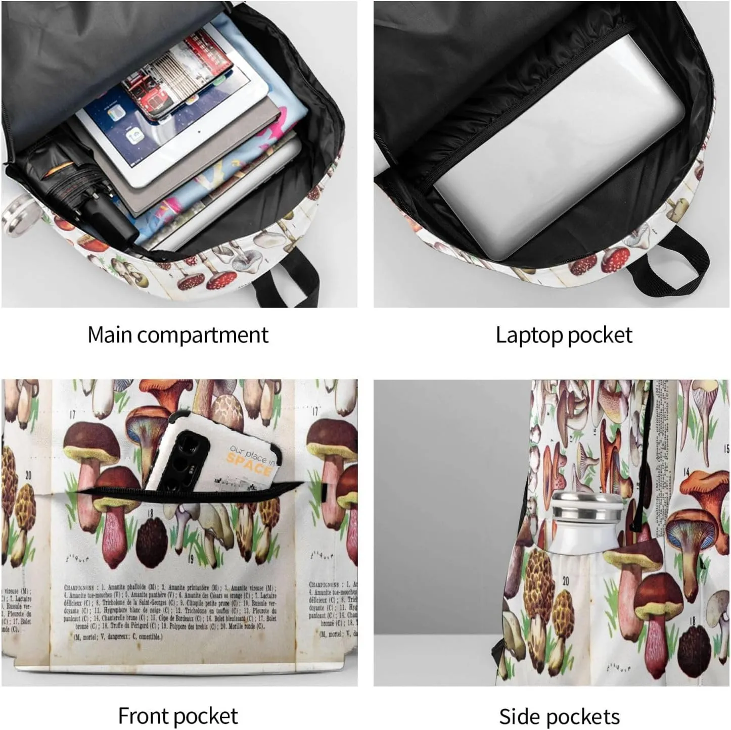 Vintage Mushroom Identification Reference Chart Laptop Backpack Shoulder Bag Laptop Pack Travel Backpacks Commuter Back Pack Casual Daypack Bags With Side Pockets