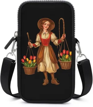 Vintage Traditional National Costume Doll Cell Phone Purse Small Cross-body Bags Portable Shoulder Bag with Zippered for Women Men
