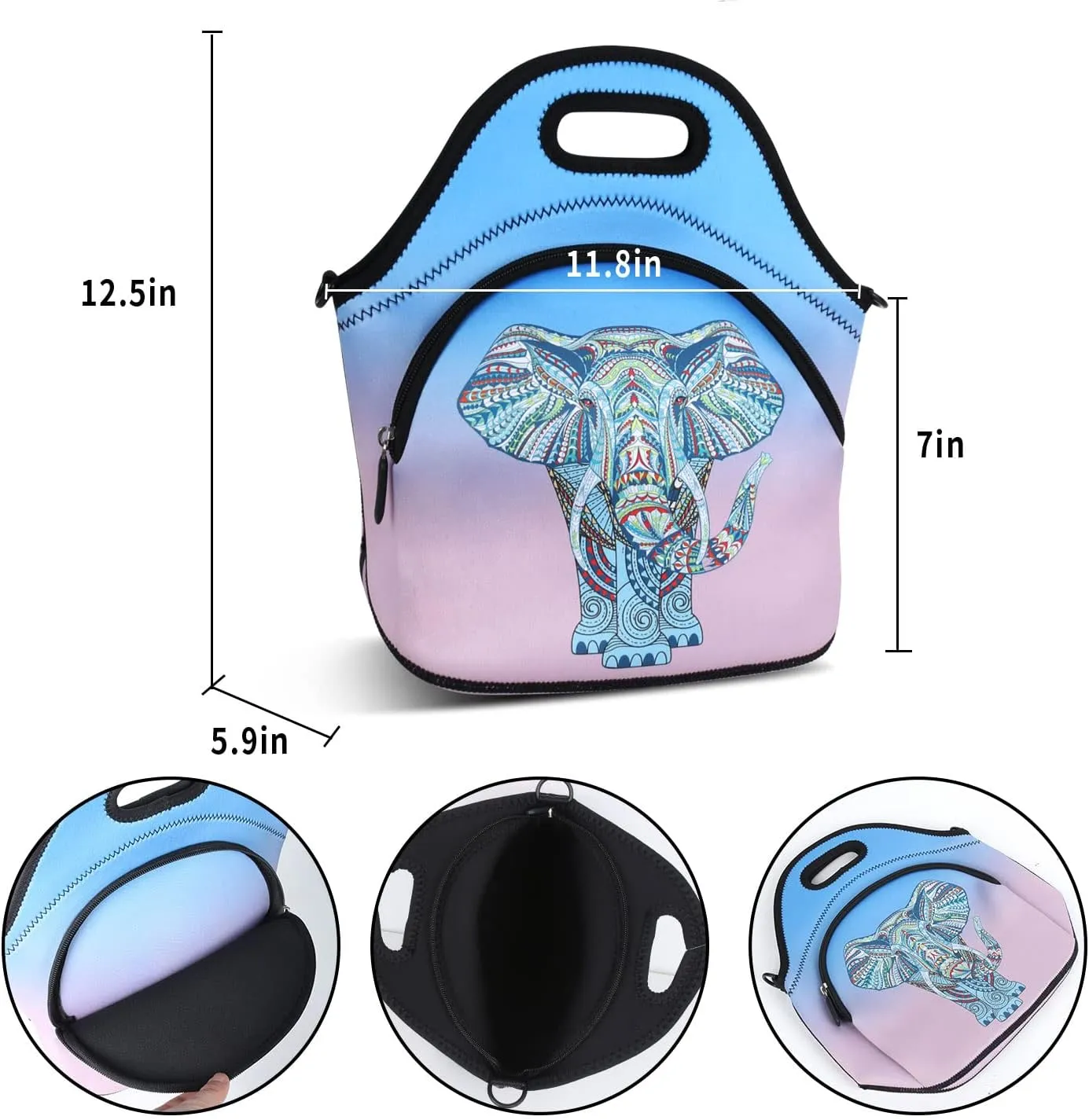 Violet Mist Neoprene Lunch Bags with Adjustable Shoulder Strap Large Insulated Lunch Totes Thermal Lunch Box Lunch Handbag Extra Pockets Waterproof Reusable Bento Bag Zipper for Work Picnic Travel