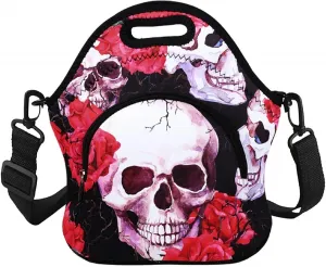 Violet Mist Neoprene Lunch Bags with Shoulder Strap, Skull Flower, 11.42"L x 10.43"H x 5.51"W, 8.7 inches deep, fits containers up to 7"L x 6"W