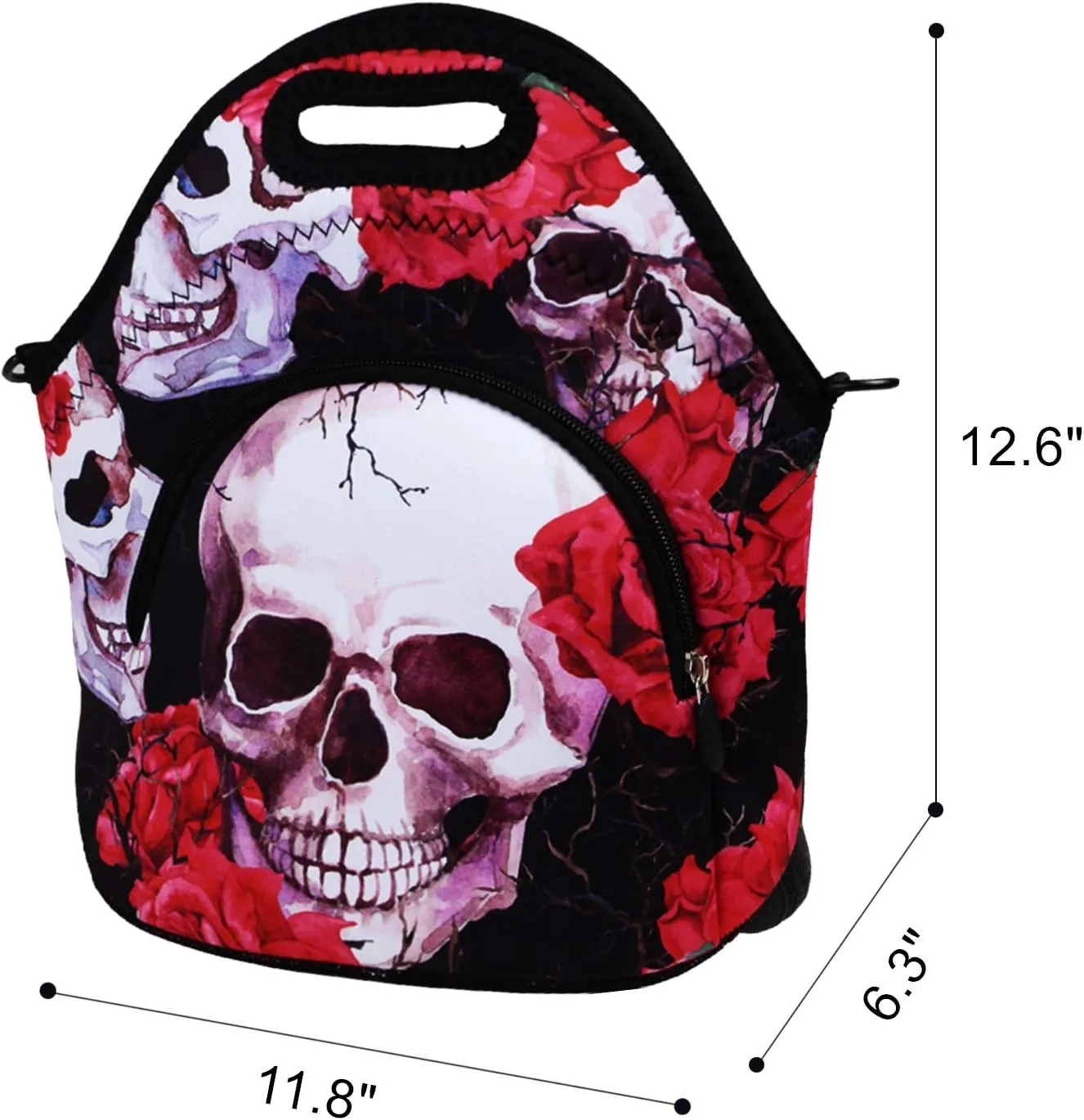 Violet Mist Neoprene Lunch Bags with Shoulder Strap, Skull Flower, 11.42"L x 10.43"H x 5.51"W, 8.7 inches deep, fits containers up to 7"L x 6"W