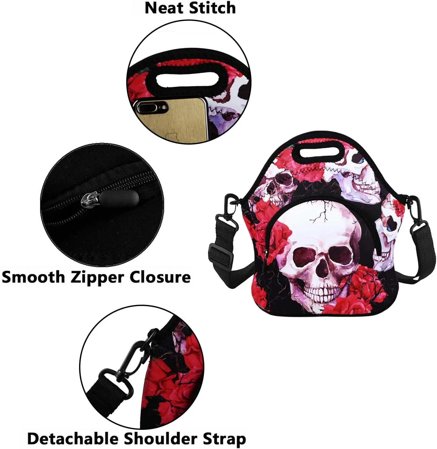 Violet Mist Neoprene Lunch Bags with Shoulder Strap, Skull Flower, 11.42"L x 10.43"H x 5.51"W, 8.7 inches deep, fits containers up to 7"L x 6"W
