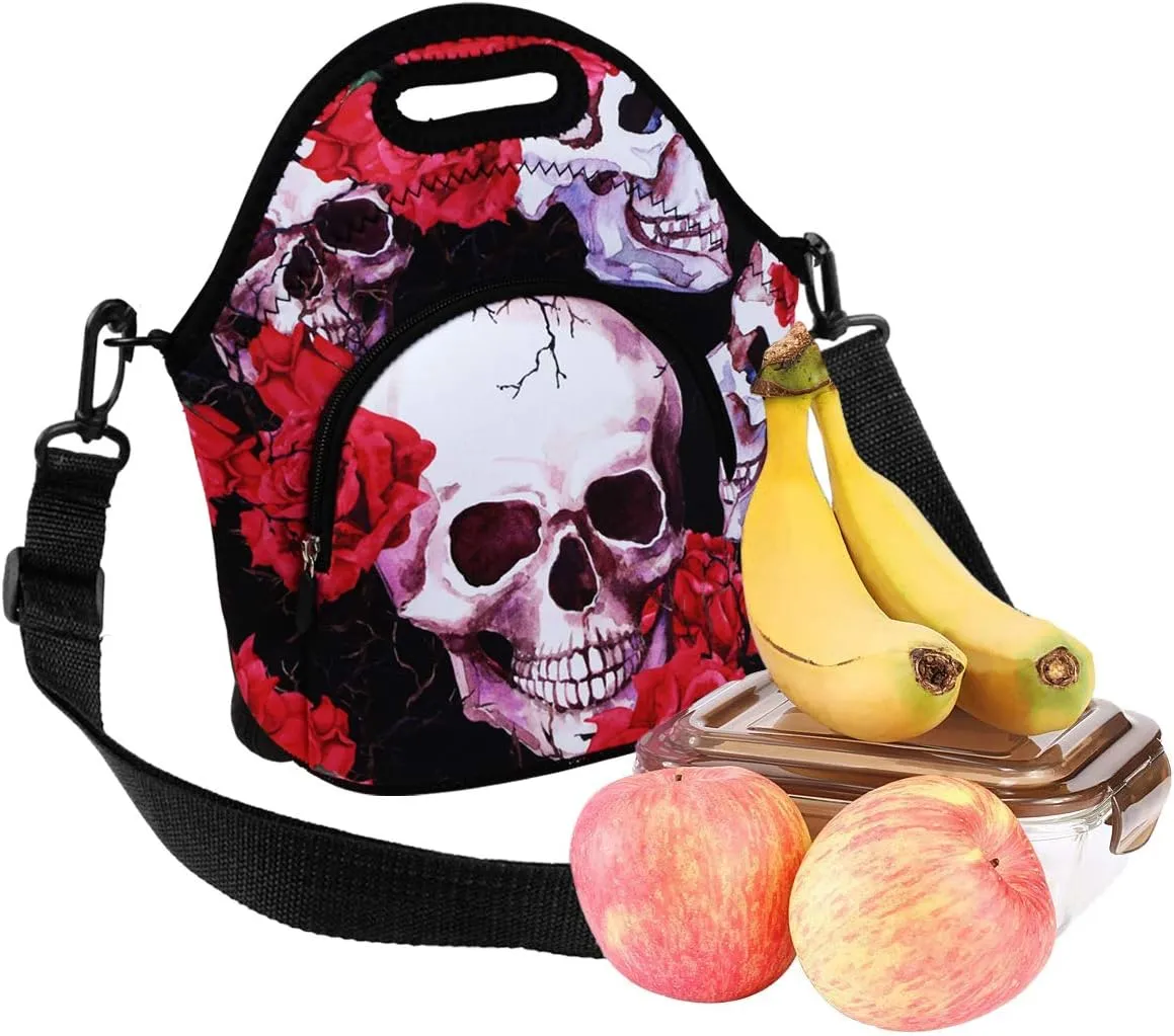 Violet Mist Neoprene Lunch Bags with Shoulder Strap, Skull Flower, 11.42"L x 10.43"H x 5.51"W, 8.7 inches deep, fits containers up to 7"L x 6"W
