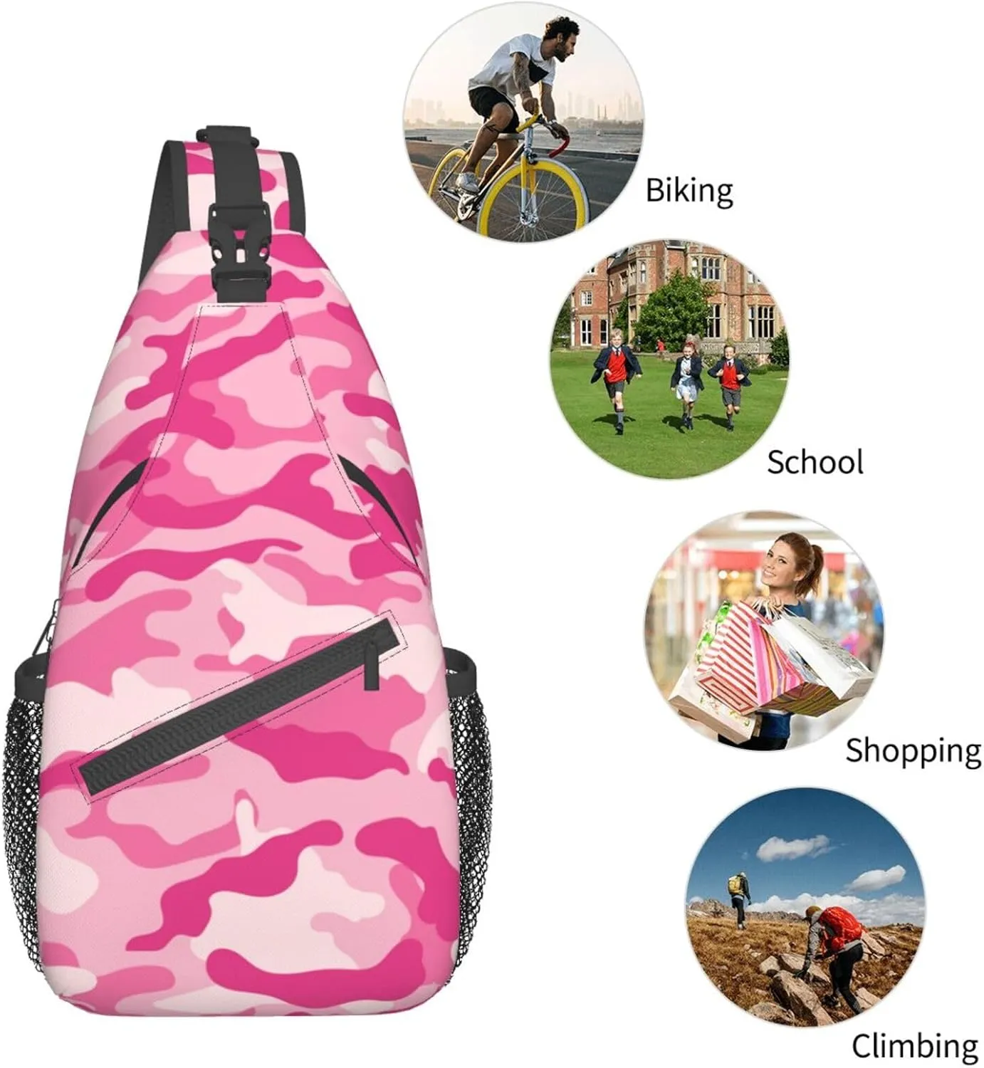 VOOHDDY Pink Camo Pattern Sling Bag For Women Men Travel Hiking Backpack Crossbody Shoulder Chest Bags Casual Daypack Sport