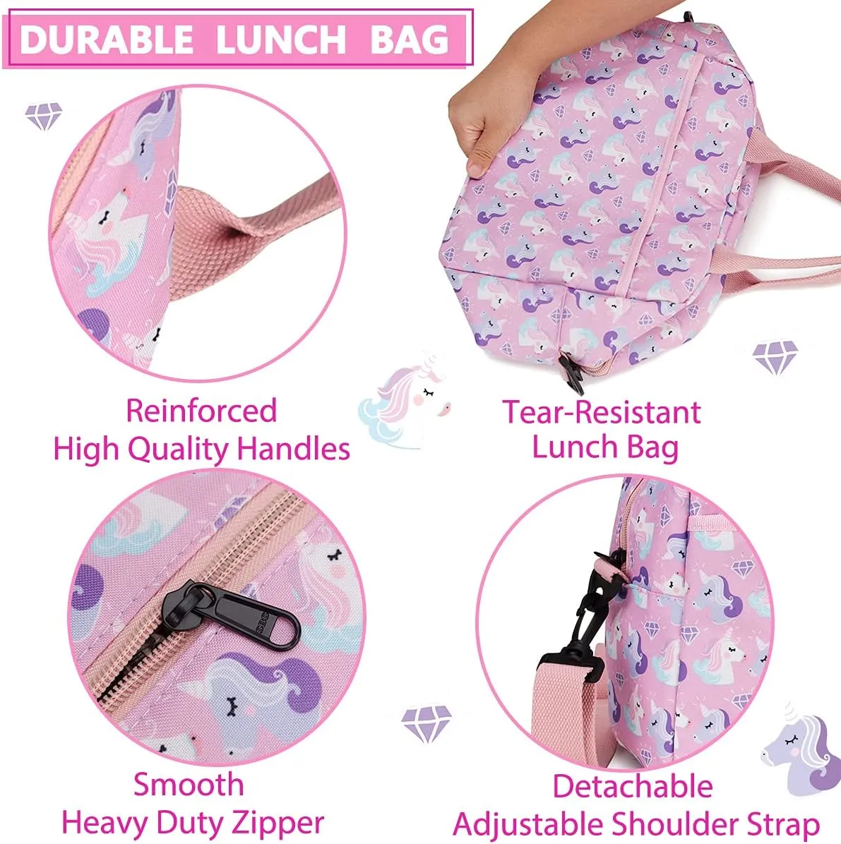 VX VONXURY Lunch Bags, Insulated Girls Lunch Box Cute Unicorn Thermal Kids Lunch Tote with Removable Shoulder Strap