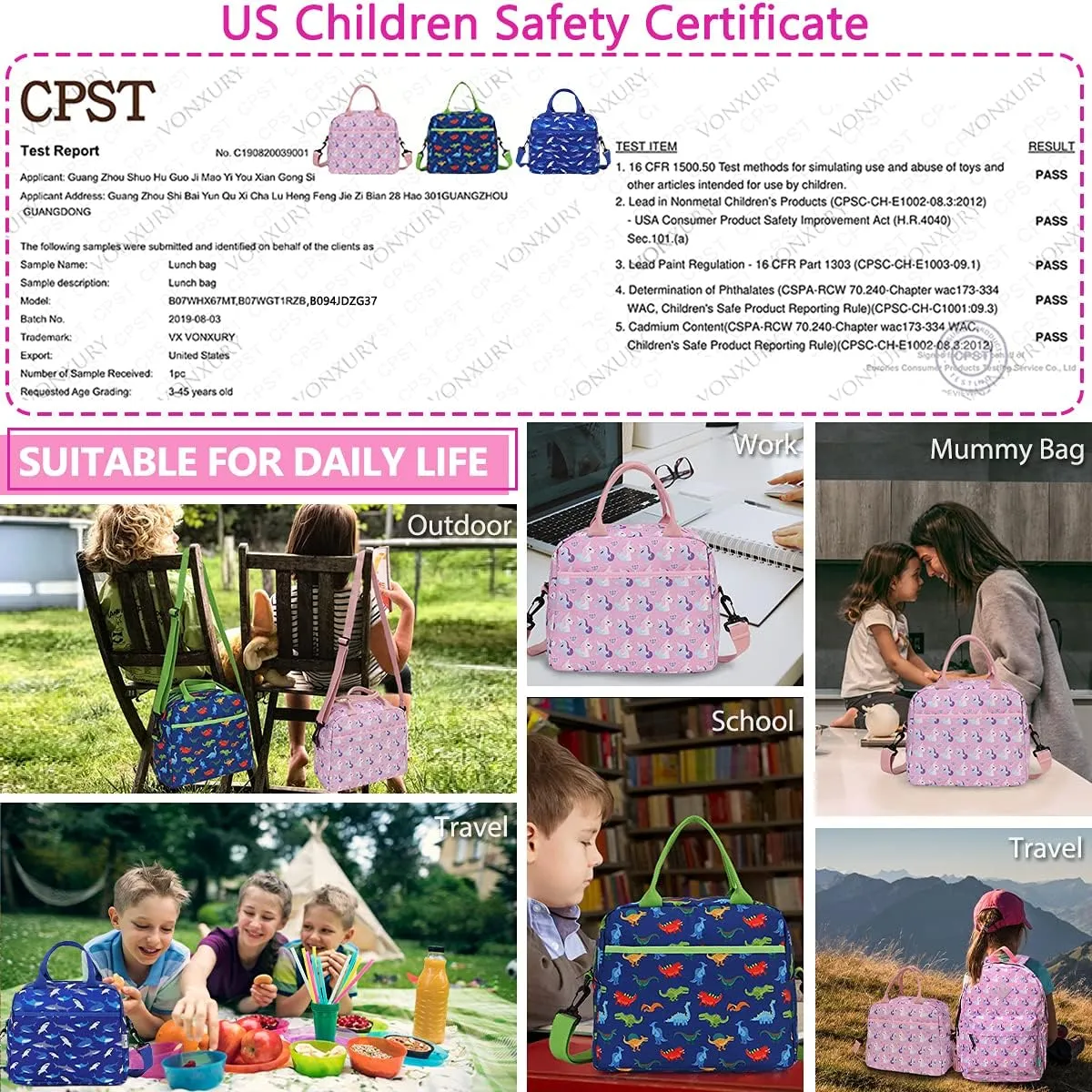 VX VONXURY Lunch Bags, Insulated Girls Lunch Box Cute Unicorn Thermal Kids Lunch Tote with Removable Shoulder Strap