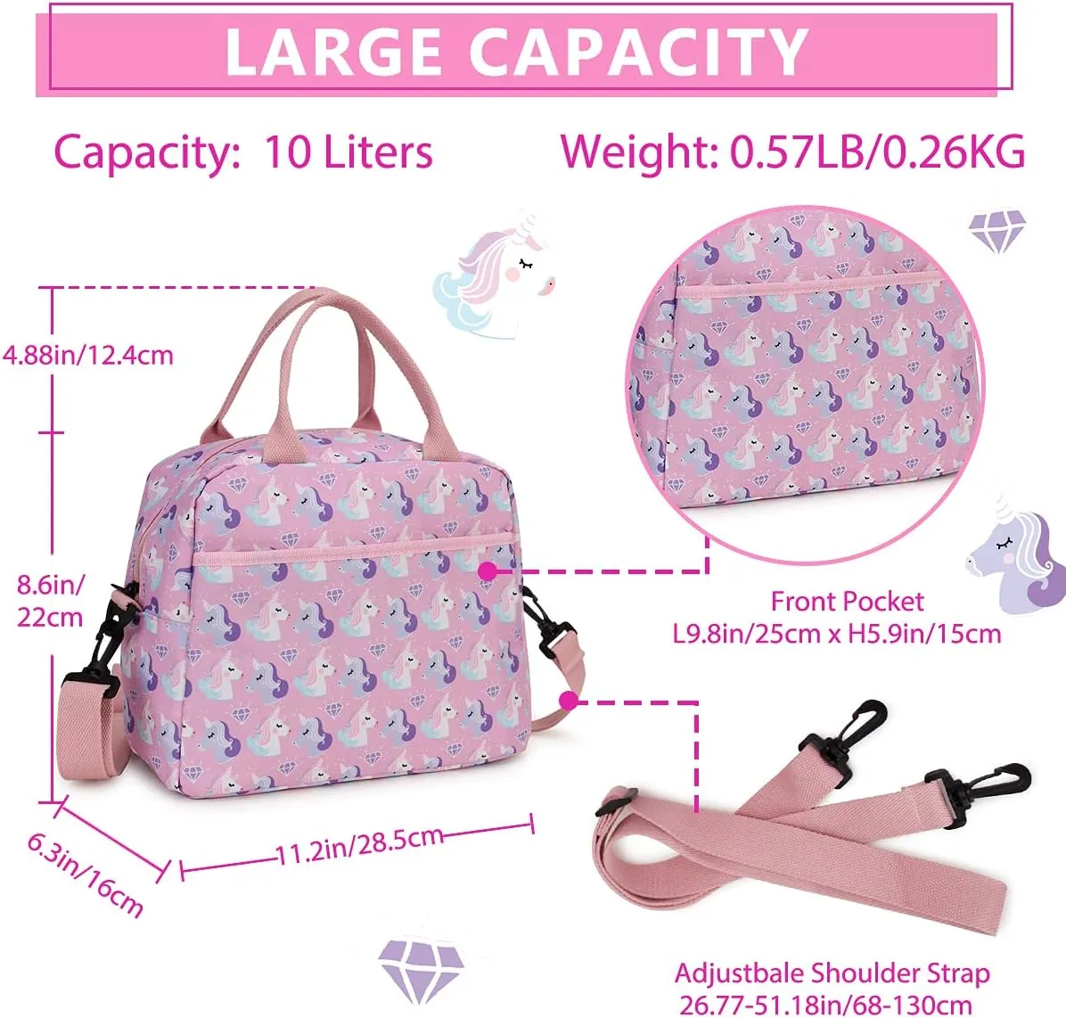 VX VONXURY Lunch Bags, Insulated Girls Lunch Box Cute Unicorn Thermal Kids Lunch Tote with Removable Shoulder Strap