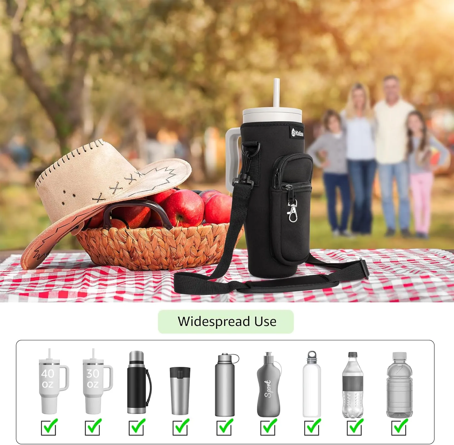 Water Bottle Carrier Bag for Stanley Cup 30 oz - Insulated Neoprene Tumbler Carrier with Phone Pocket - Water Bottle Holder with Strap and Carabiner Compatible with Stanley - Black