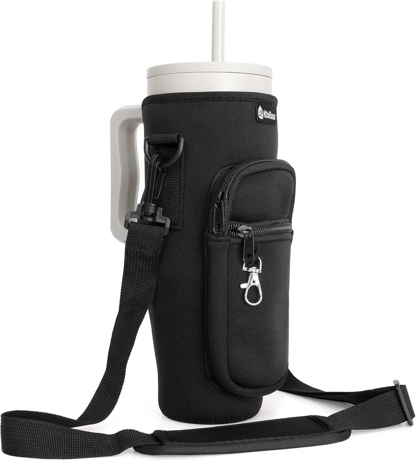 Water Bottle Carrier Bag for Stanley Cup 30 oz - Insulated Neoprene Tumbler Carrier with Phone Pocket - Water Bottle Holder with Strap and Carabiner Compatible with Stanley - Black