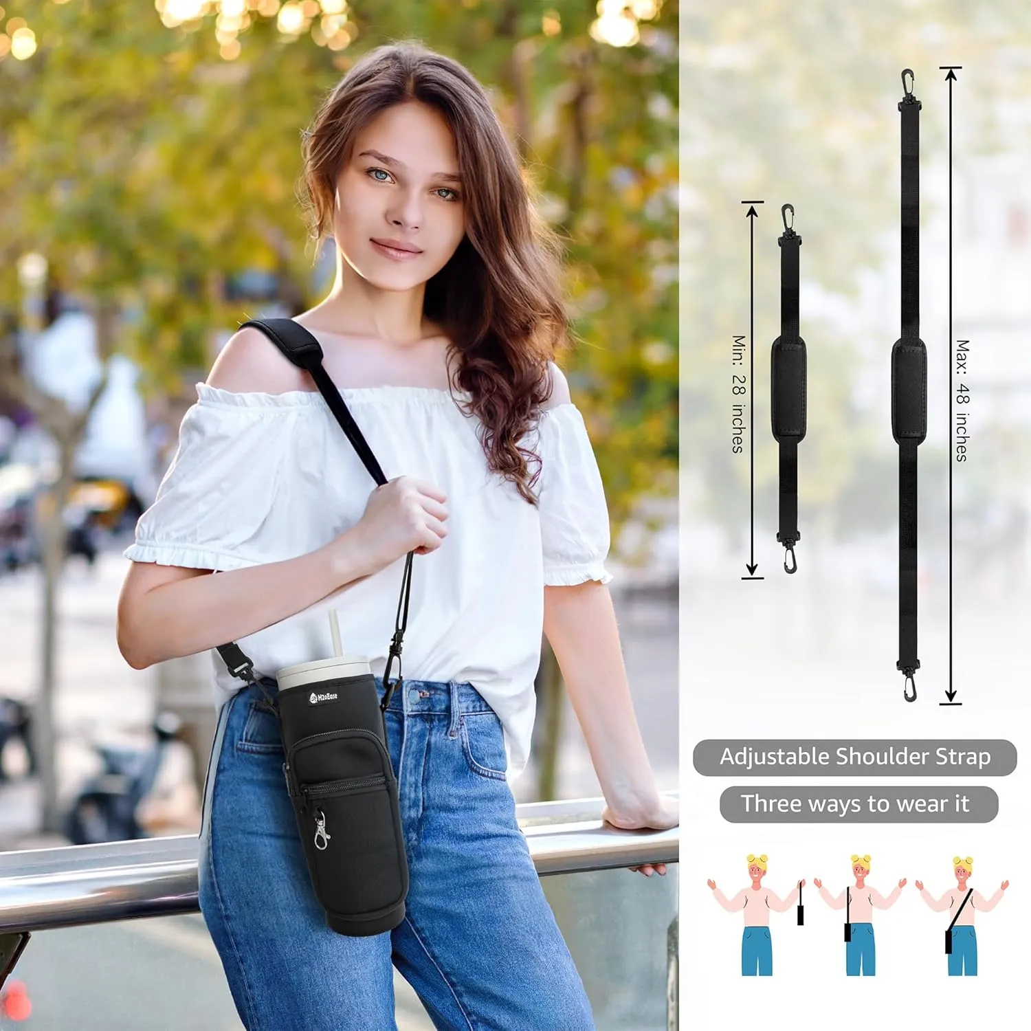 Water Bottle Carrier Bag for Stanley Cup 30 oz - Insulated Neoprene Tumbler Carrier with Phone Pocket - Water Bottle Holder with Strap and Carabiner Compatible with Stanley - Black