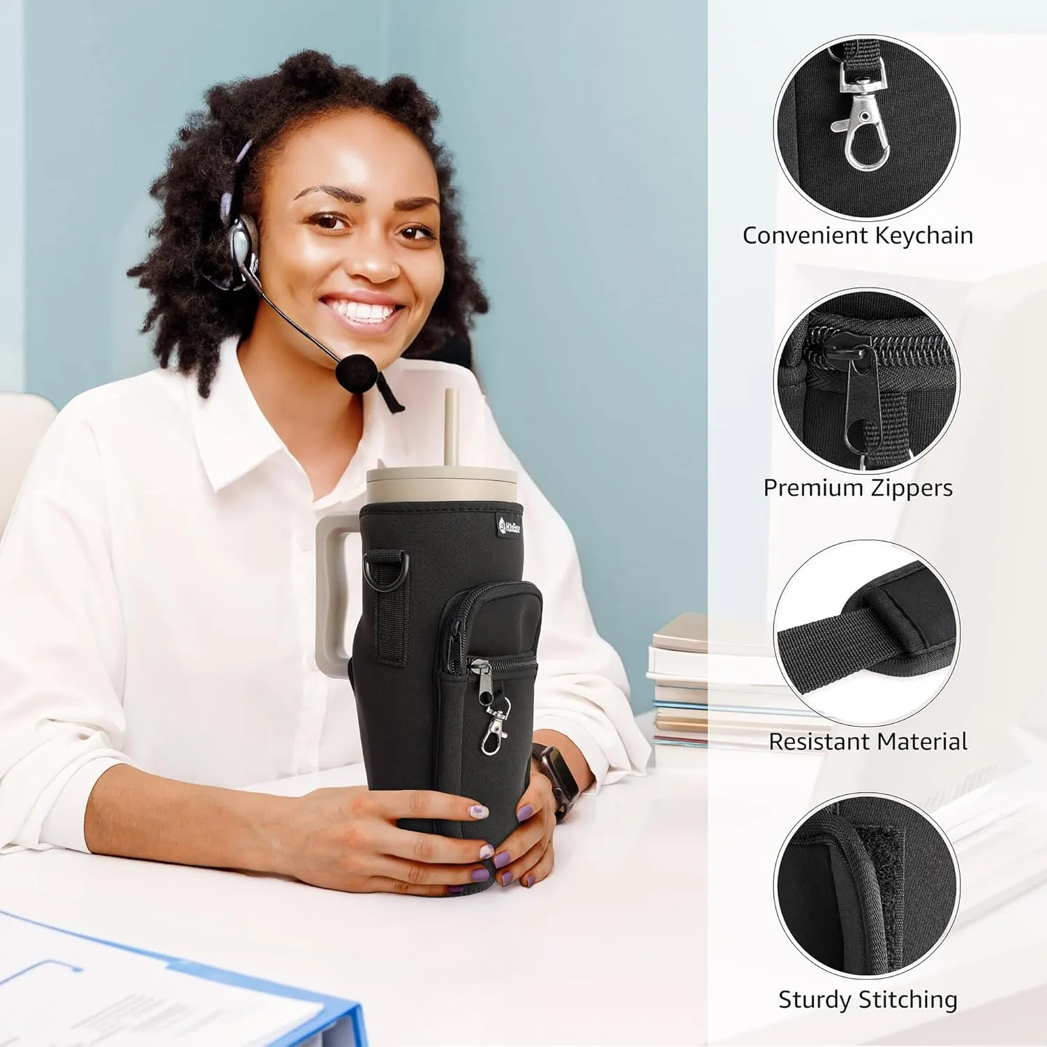 Water Bottle Carrier Bag for Stanley Cup 30 oz - Insulated Neoprene Tumbler Carrier with Phone Pocket - Water Bottle Holder with Strap and Carabiner Compatible with Stanley - Black