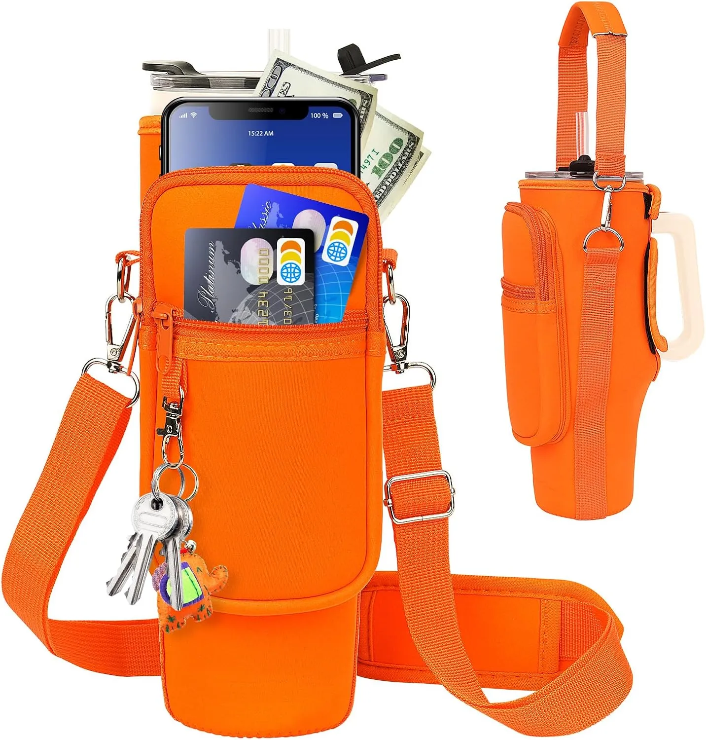 Water Bottle Carrier Bag with Phone Pocket Compatible with Stanley/Meoky 40 oz Tumbler with Handle,Water Bottle Holder Pouch with Adjustable Strap Compatible with Stanley Cup Accessories