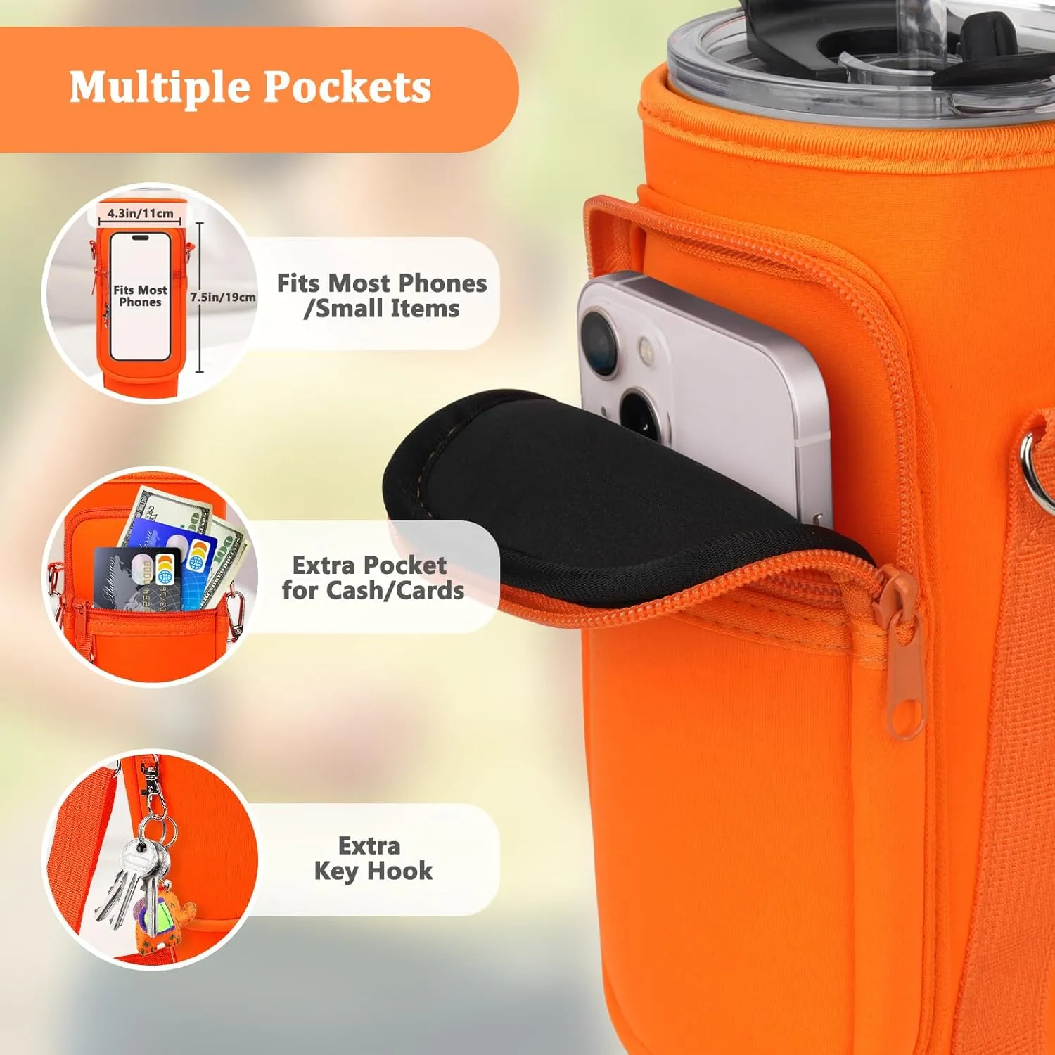 Water Bottle Carrier Bag with Phone Pocket Compatible with Stanley/Meoky 40 oz Tumbler with Handle,Water Bottle Holder Pouch with Adjustable Strap Compatible with Stanley Cup Accessories