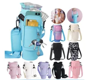 Water Bottle Carrier Bag with Phone Pocket for Cup, Insulated Neoprene Water Bottle Holder Cross-boday Bag with Adjustable Shoulder & Handheld Strap Accessories. COW PATTERN