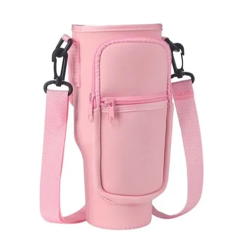 Water Bottle Carrier Bag with Phone Pocket for Cup, Insulated Neoprene Water Bottle Holder Cross-boday Bag with Adjustable Shoulder & Handheld Strap Accessories. PINK