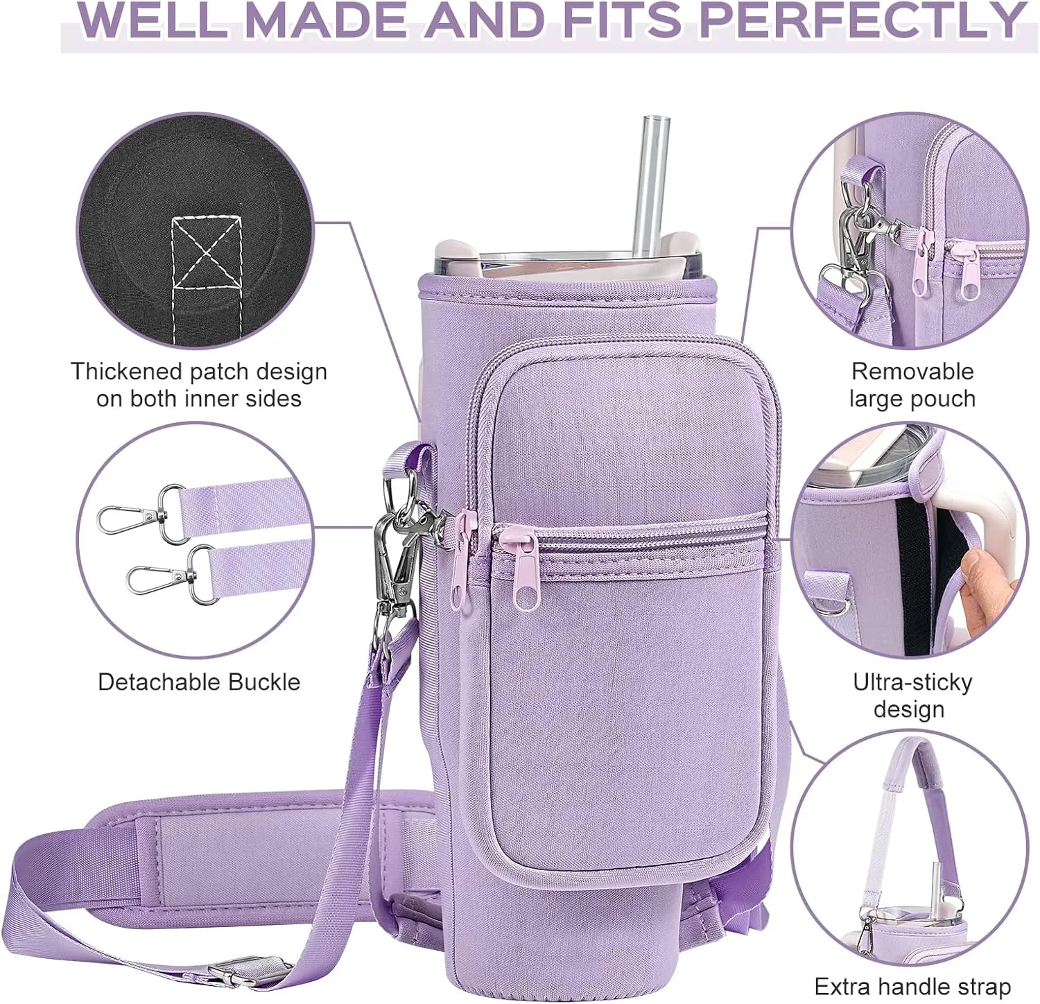 Water Bottle Carrier Bag with Pouch for Stanley 30 oz Tumbler with Handle, Neoprene Water Bottle Holder Pocket with Adjustable 4.9FT Strap, Bottle Pouch for Stanley Cup Accessories