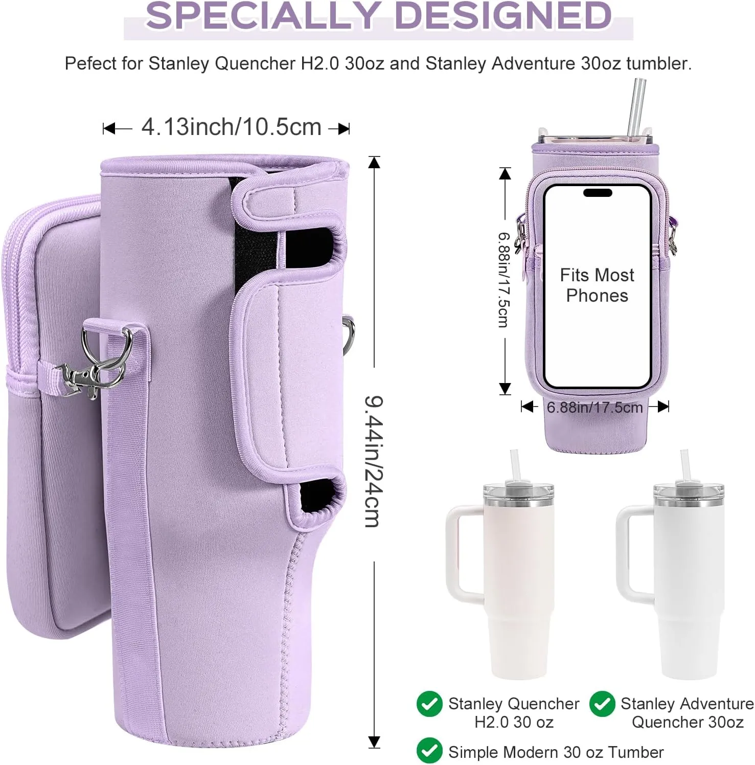 Water Bottle Carrier Bag with Pouch for Stanley 30 oz Tumbler with Handle, Neoprene Water Bottle Holder Pocket with Adjustable 4.9FT Strap, Bottle Pouch for Stanley Cup Accessories