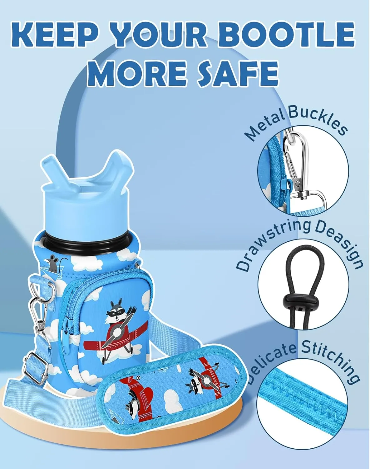 Water Bottle Carrier with Strap - Insulated Kids Water Bottle Holder for Boys Girls Bottle Bag for 10-18Oz