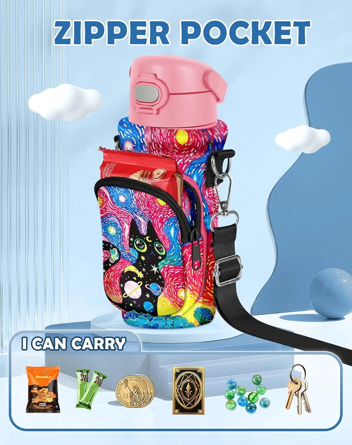 Water Bottle Carrier with Strap - Insulated Neoprene Water Bottle Holder Bag with Pocket for 14-20 oz